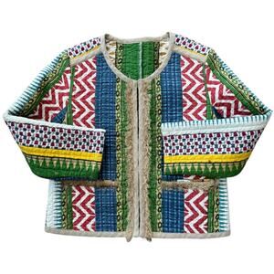 Cropped Boho chic round neck quilted colorful fringed jacket x small
